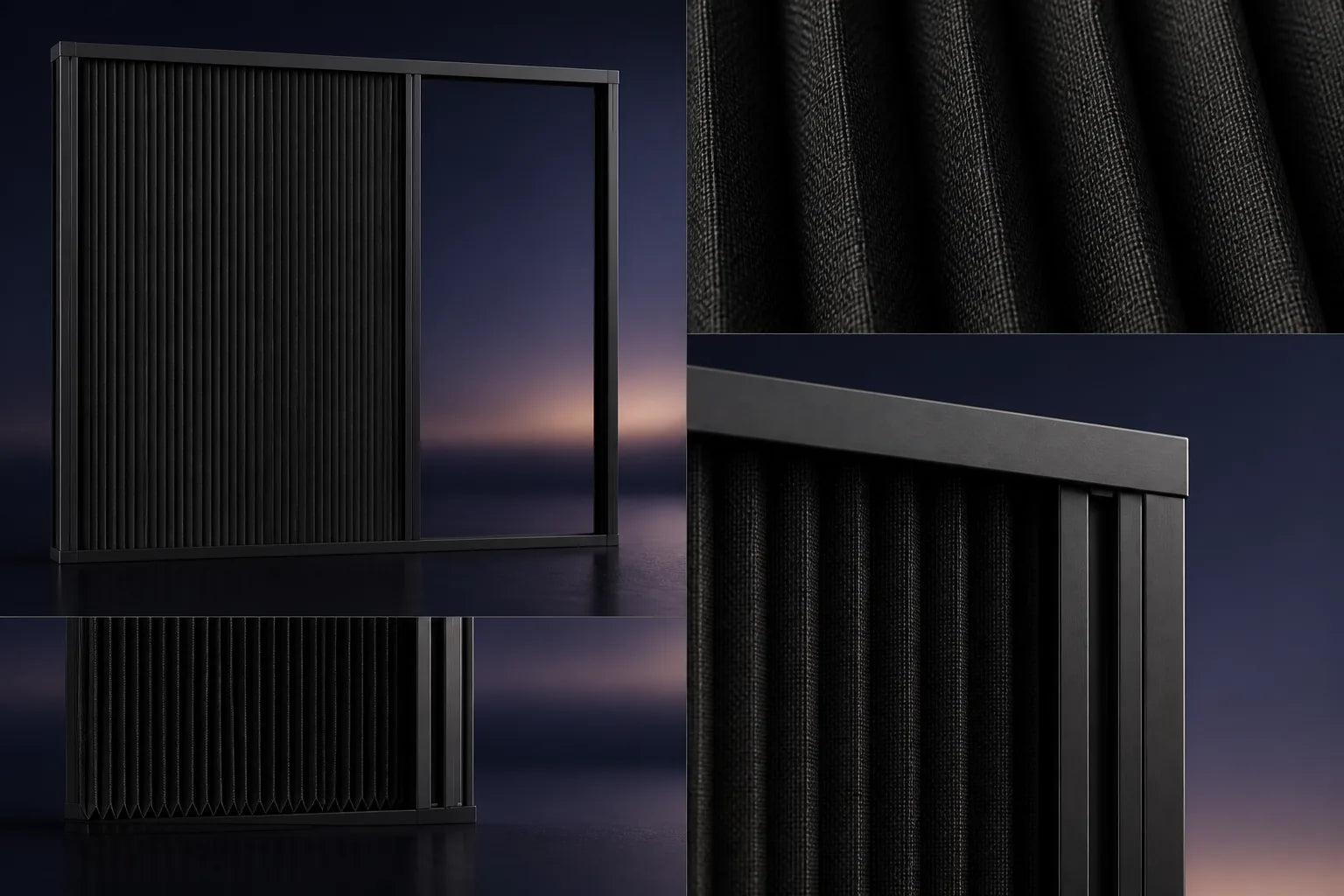 Dawnproof Fixed product, pleated shade, leading rail and side stack detail study