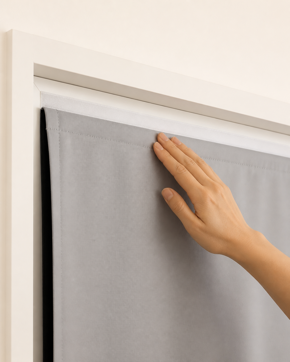 Dawnproof Anywhere hook-and-loop fastening being pressed along a window edge