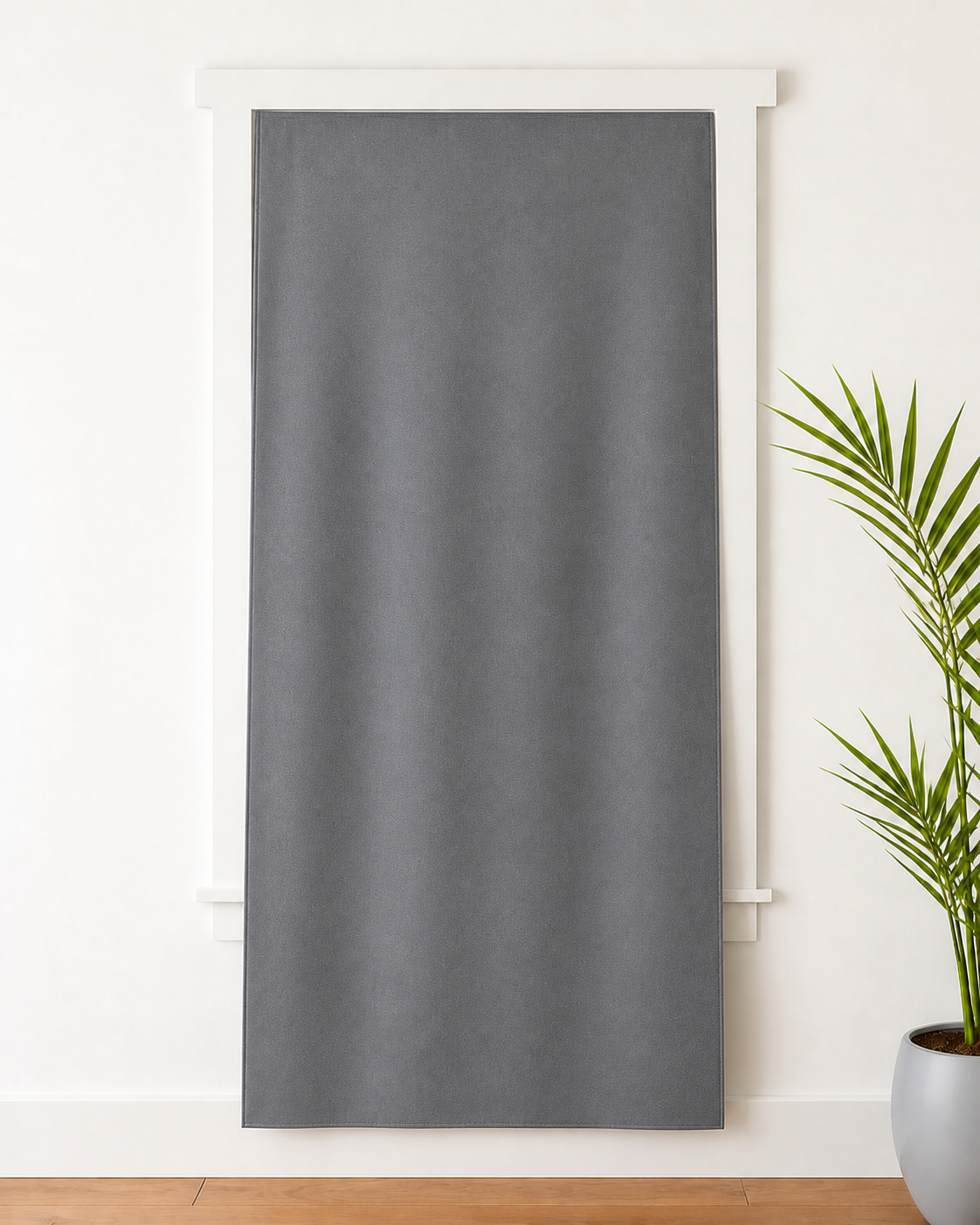 [Dawnproof V7.1 Anywhere 01] Soft Gray flexible blackout panel attached flat at the top and extending beyond the window glazing