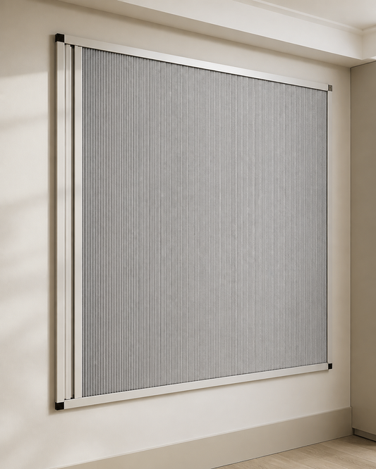 [Dawnproof V7.1 Fixed 01] Dawnproof Fixed Blackout System fully closed with one perimeter frame and one continuous side-moving honeycomb shade