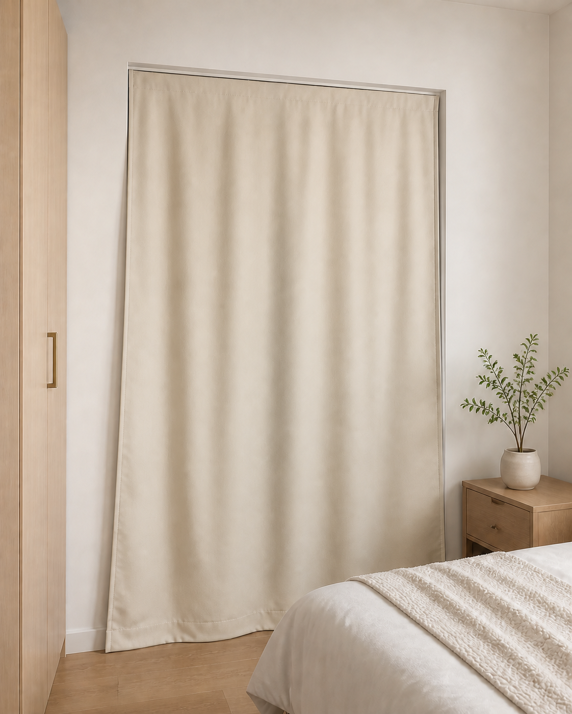 [Dawnproof V7.1 Anywhere 02] Warm Beige room-facing blackout panel installed in a bright bedroom