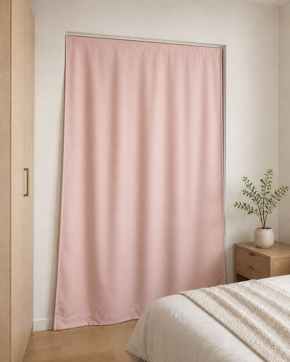 [Dawnproof V7.1 Anywhere 03] Blush Pink room-facing blackout panel installed flat across a window