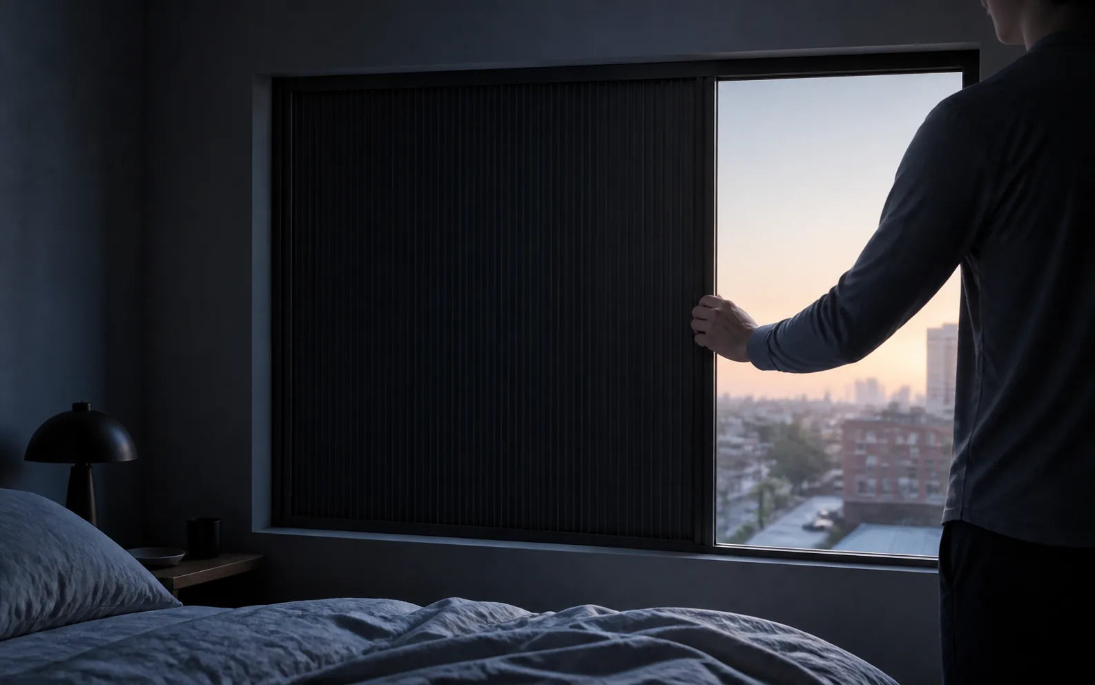 A night-shift worker closing Dawnproof Fixed before daytime sleep