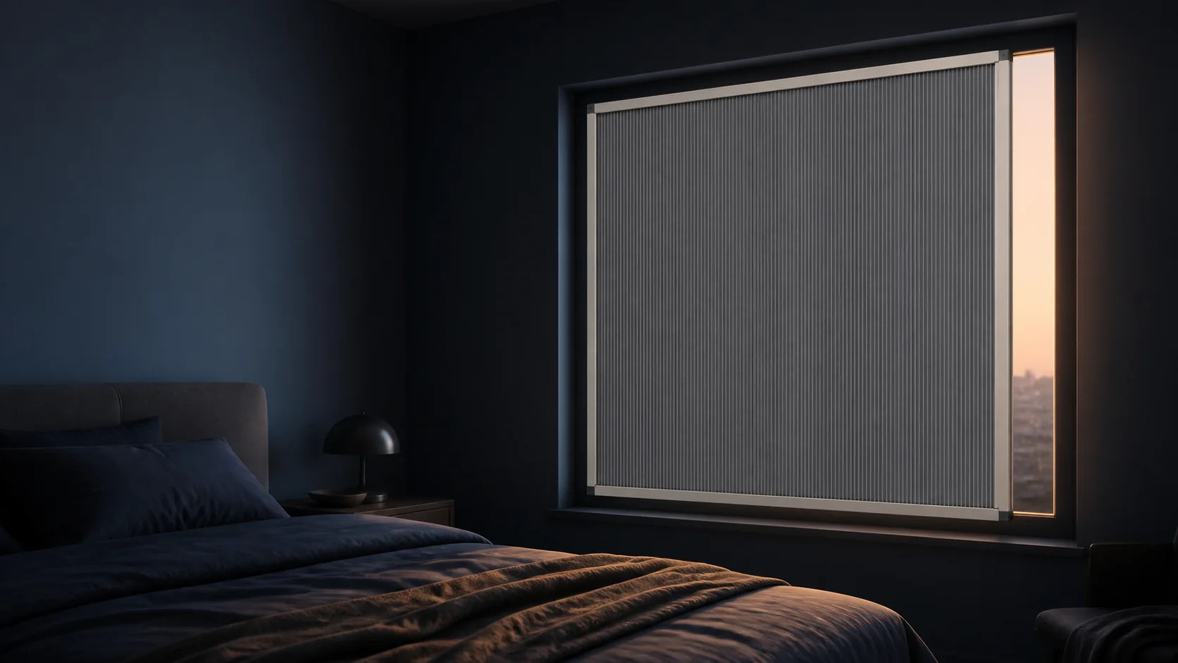 Dawnproof Fixed closed inside a perimeter frame in a bedroom before dawn