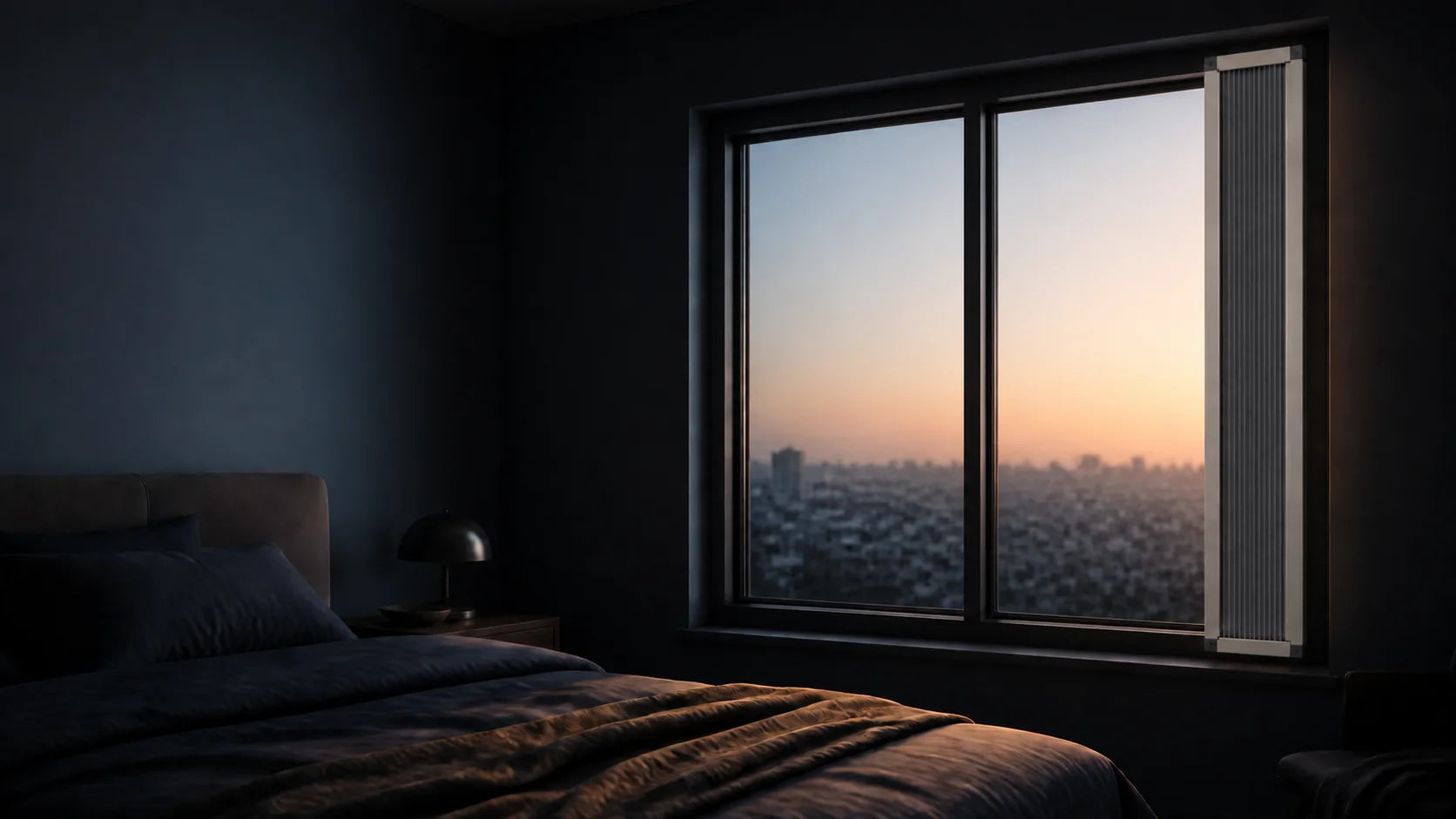 The same Dawnproof Fixed system gathered at the side as dawn reaches the room
