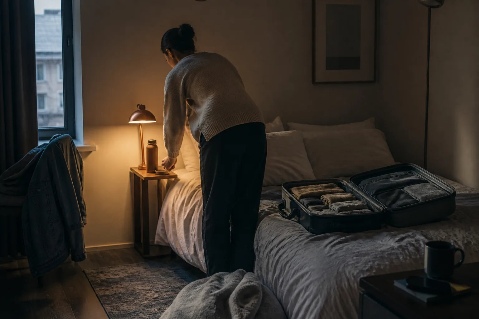 Traveller preparing a temporary bedroom